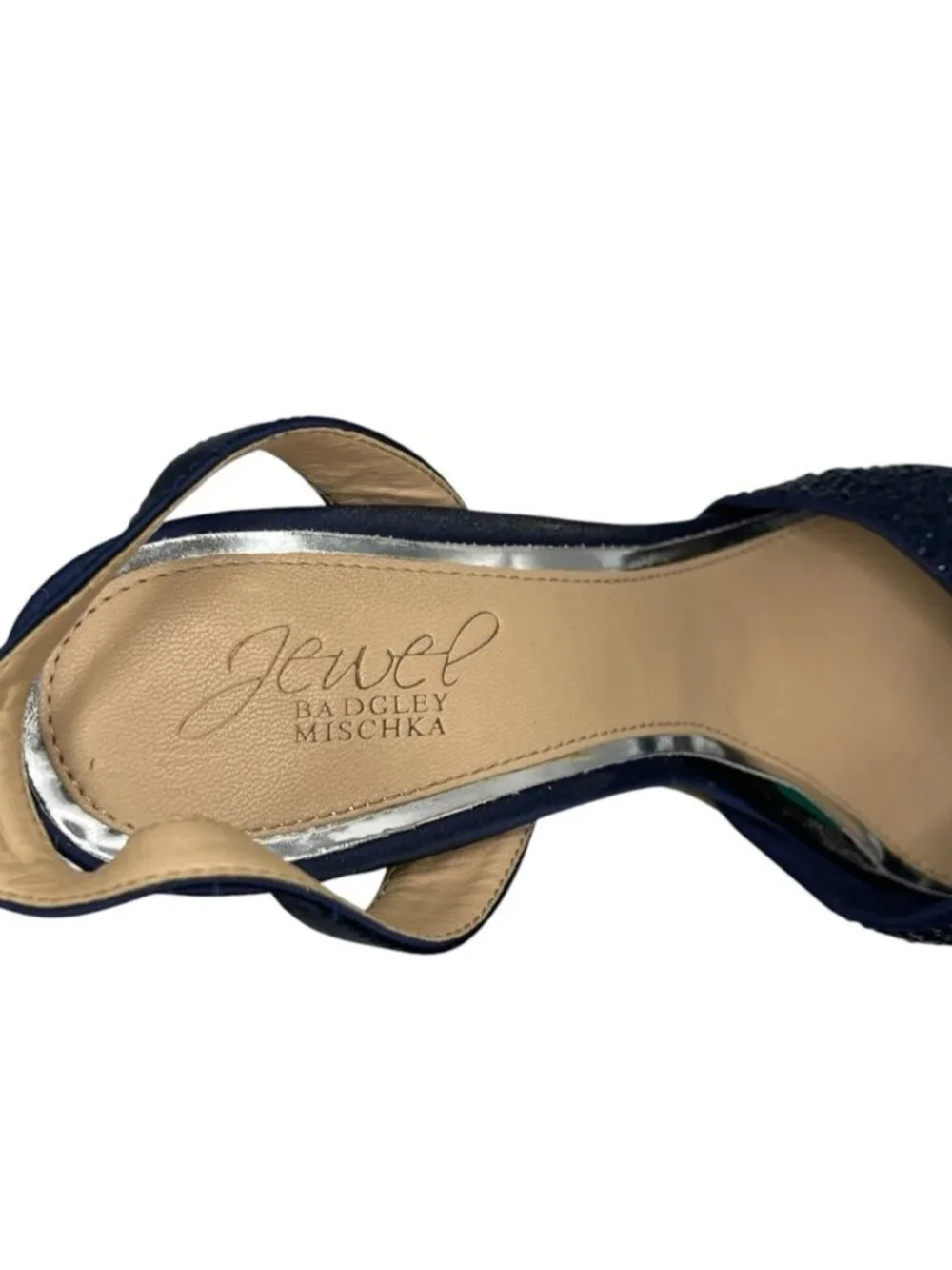 Jewel Badgley Mischka Nicoline Rhinestone Heeled Sandals 8 US Navy Satin